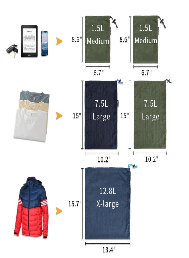 EXERMIL Nylon Stuff Sack Set 5 Pack (1.5L/7.5L/12.8L); Drawstring Storage Sack; Ditty Bags Medium Large XL Pouch for Organization Travel Camping Backpacking Down Jacket; Assorted Colors - Image 2